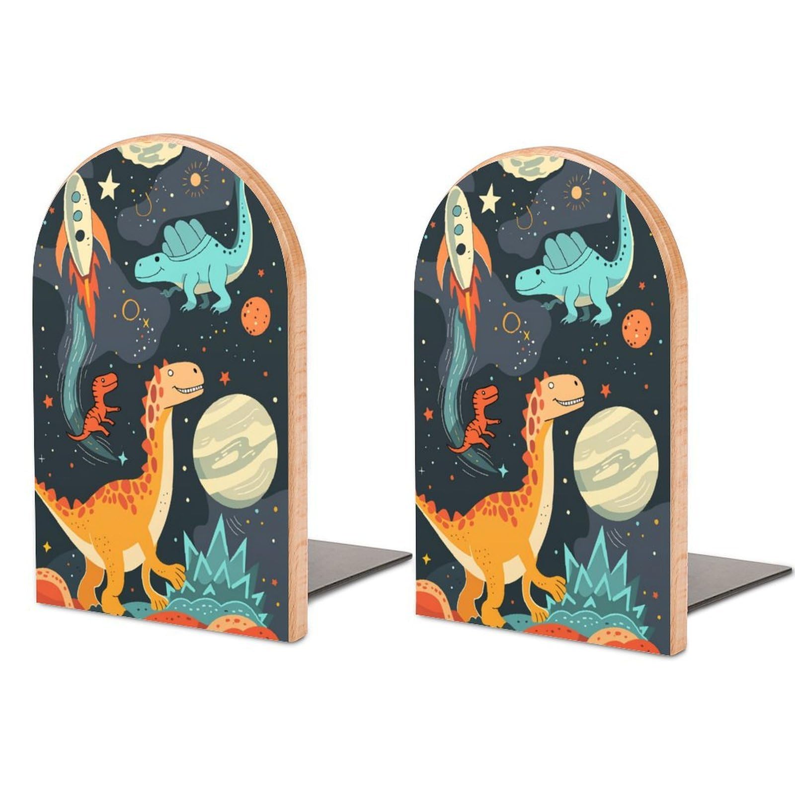 Dinosaur Solid Beech Wood Bookends, Decorative Book Ends for Shelves, Non-Skid Desktop Book Organizer for Home Office, Library Decor (1 Pair, 4.7" X 6.7")
