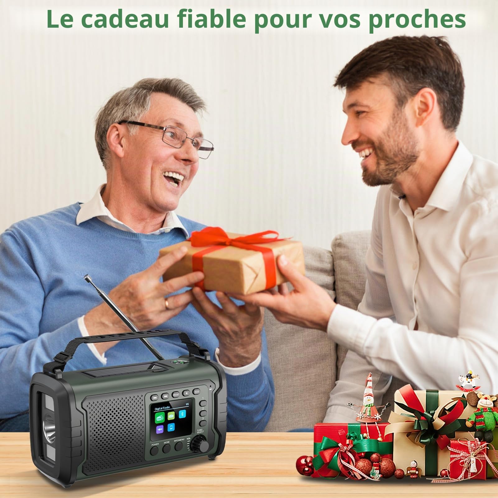 Radio Dab+/FM 27000mAh à Manivelle et Solaire – Radio d’Urgence avec Powerbank, Bluetooth 5.3, SOS, Lampe et Boussole pour Camping et Outdoor (Vert armée)