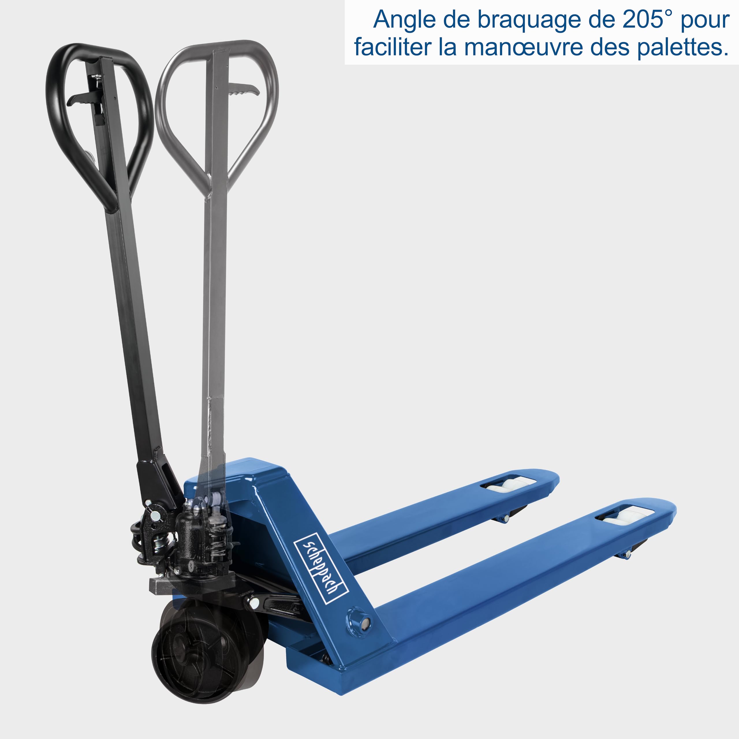 Scheppach Transpalette HW2500 | 2,5 t / 2500 kg capacité de Charge | Construction en Acier & Commande hydraulique sans Entretien | Roues Ø80mm | Volants Ø180mm | Idéal pour europalettes