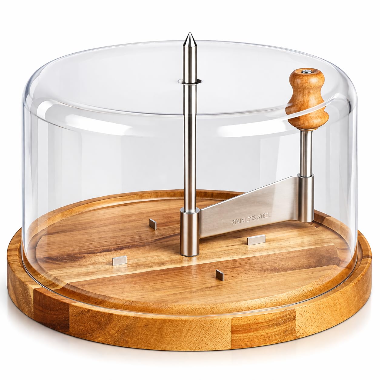 Neustanlo | Käsehobel mit Haube | Tête de Moine Girolle aus Edelstahl | FSC Akazienholz Ø 21,7 cm | Käse Schaber mit Drehmechanismus | stilvolle Käseplatte mit Abdeckung
