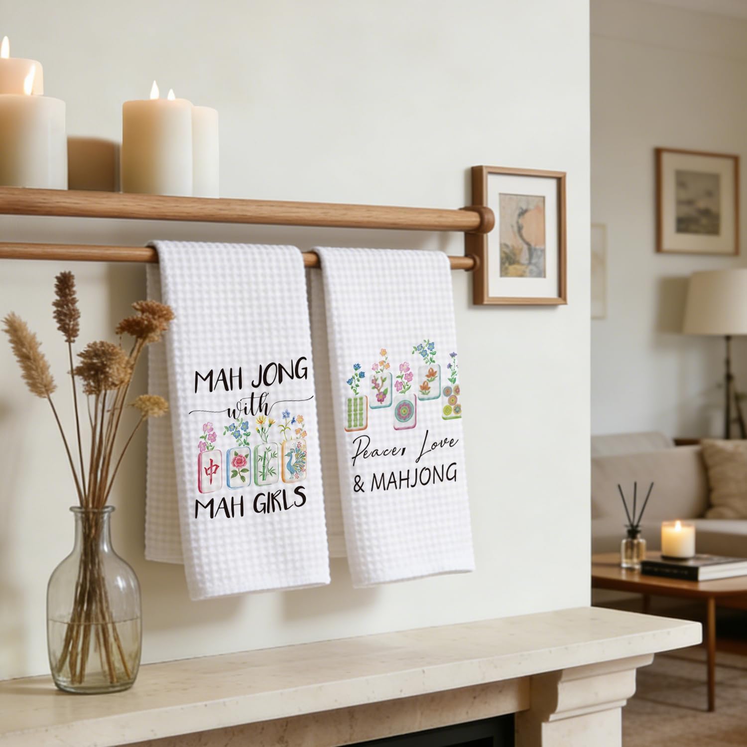 Mahjong Gifts Dish Towels for Women Friends, Set of 2 Floral Mahjong Decorative Waffle Weave Kitchen Towels for Home Bar Bathroom, Housewarming Birthday Mothersday Gifts, Peace Love & Mahj