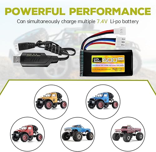 Miniatura 2 de Batería Lipo de 7.4V 600mAh 35C 2S con enchufe Molex y cargador USB adecuado para FMS FCX24 RC coches, camiones, vehículos eléctricos de escalada