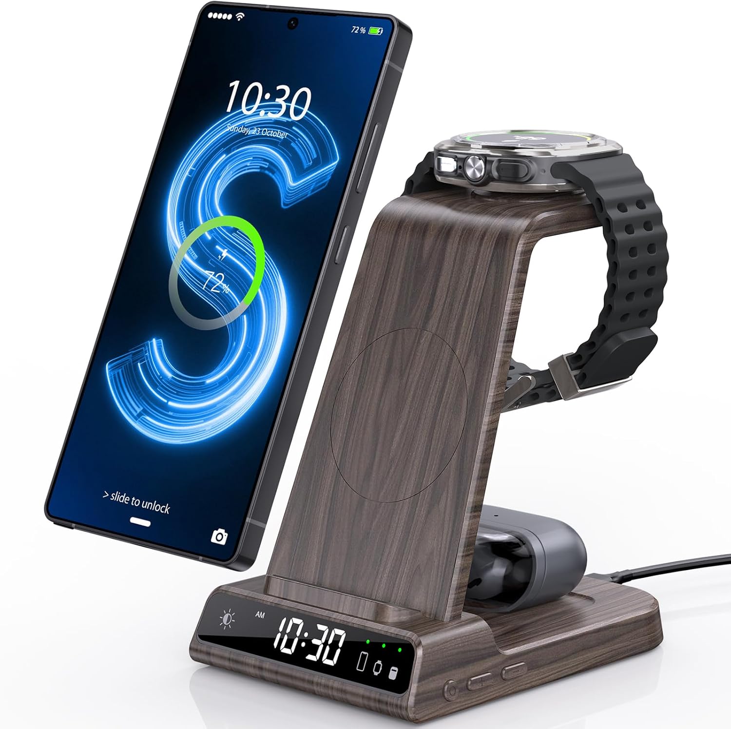 Wireless Charger for Samsung Charging Station with Clock for Samsung Galaxy S25 Ultra/S24 Ultra/Z Flip 7/Fold 7/Galaxy Bud, 3 in 1 Charger Station Watch Charger for Galaxy Watch 8/7/6/5Pro(Wood Grain)