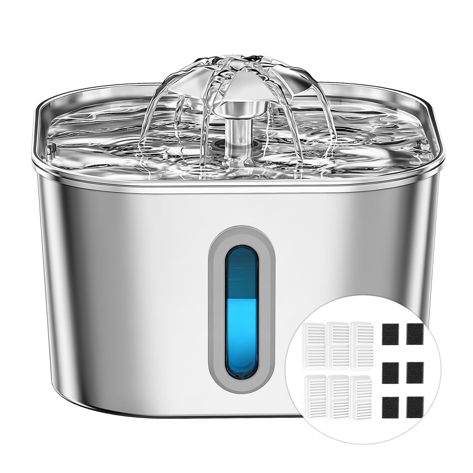Cat Water Fountain For Drinking Stainless Steel 2.2L with 6Filters&6Sponges