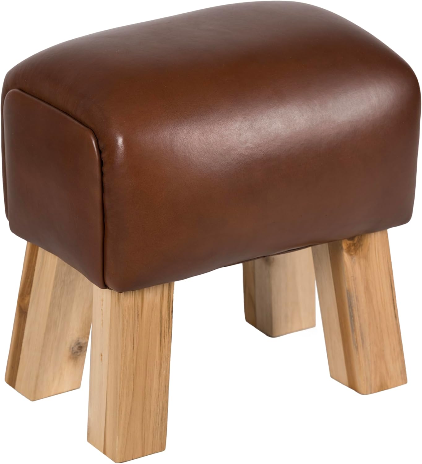 Bare Decor Gorgie Accent Stool in Brown Genuine Leather with Teak Legs Small