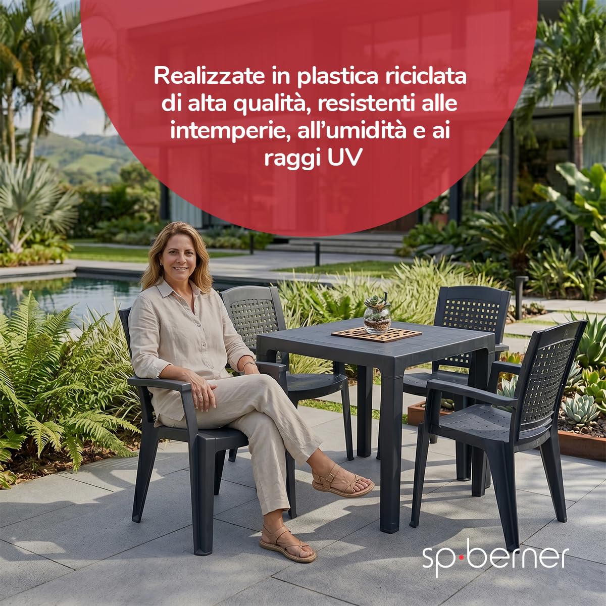 SP Berner SHAF - Confezione da 4 Sedie - Giardino Esterno e Terrazza - Plastica Riciclata Resistente UV - Impilabili - Modello Metallo - Bianco