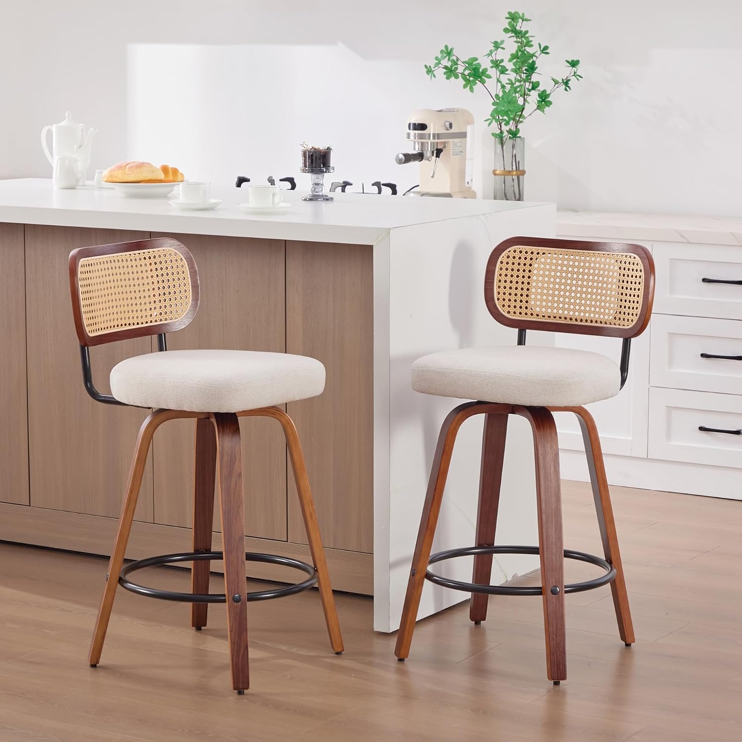Set de 2 Butacos Giratorios de 26 pulg con Espalda de Ratán y Patas Bentwood miniatura 1