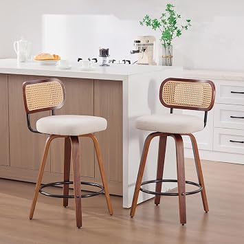 Swivel Bar Stools Set of 2, 26" Counter Height Barstools with Rattan Back & Bentwood Legs, Upholstered Linen Mid-Century Modern Kitchen Island Chairs Beige