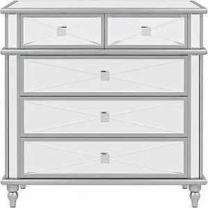 DWVO Silver Mirrored 5 Drawer Dressers for Bedroom - 35" Accent Chest with Drawers, with 5 Storage Drawers and Wood Legs - Fully Assembled Mirrored Nightstand for Bedroom/Living Room