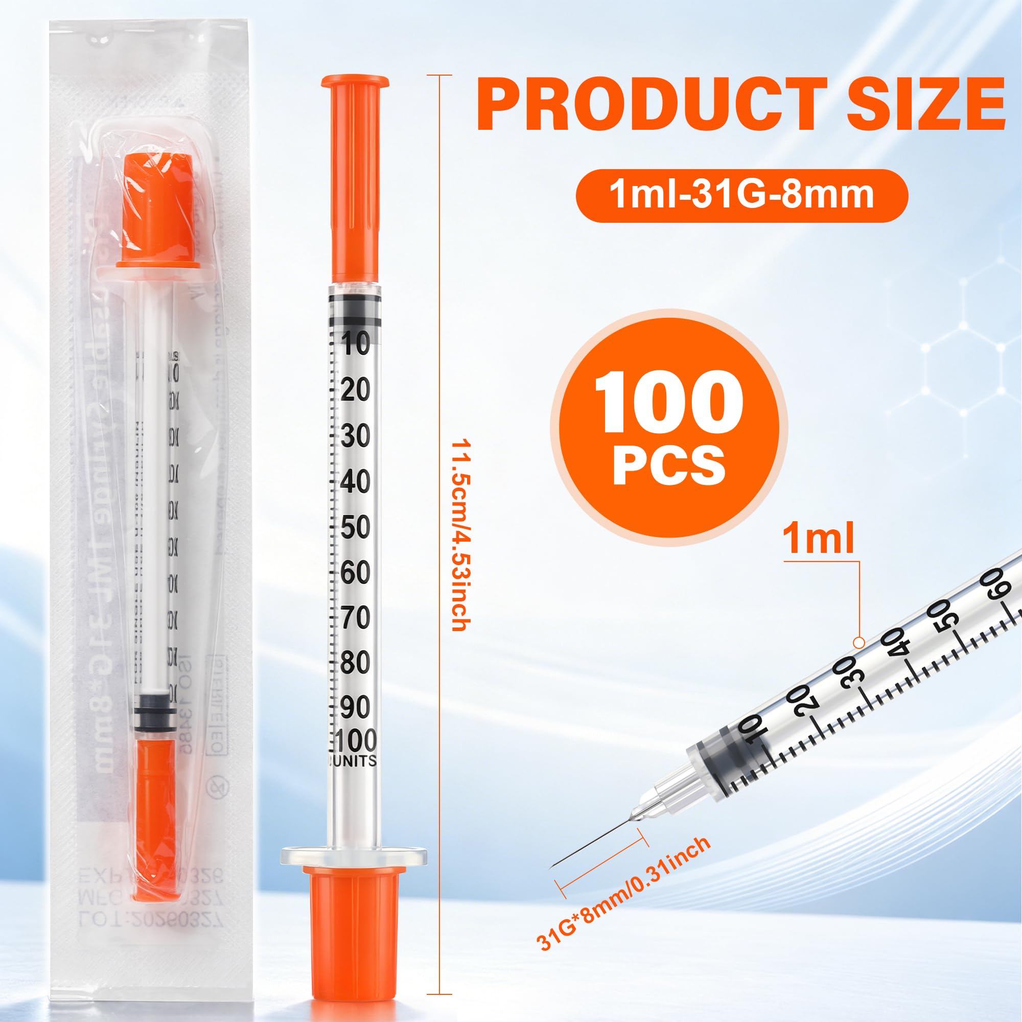 100 Stück 1ml 31G 8mm Plastiktube, Einzeln verpackt, Mehrzweck Messwerkzeuge für Laborzubehör, Flüssigkeitstrennung