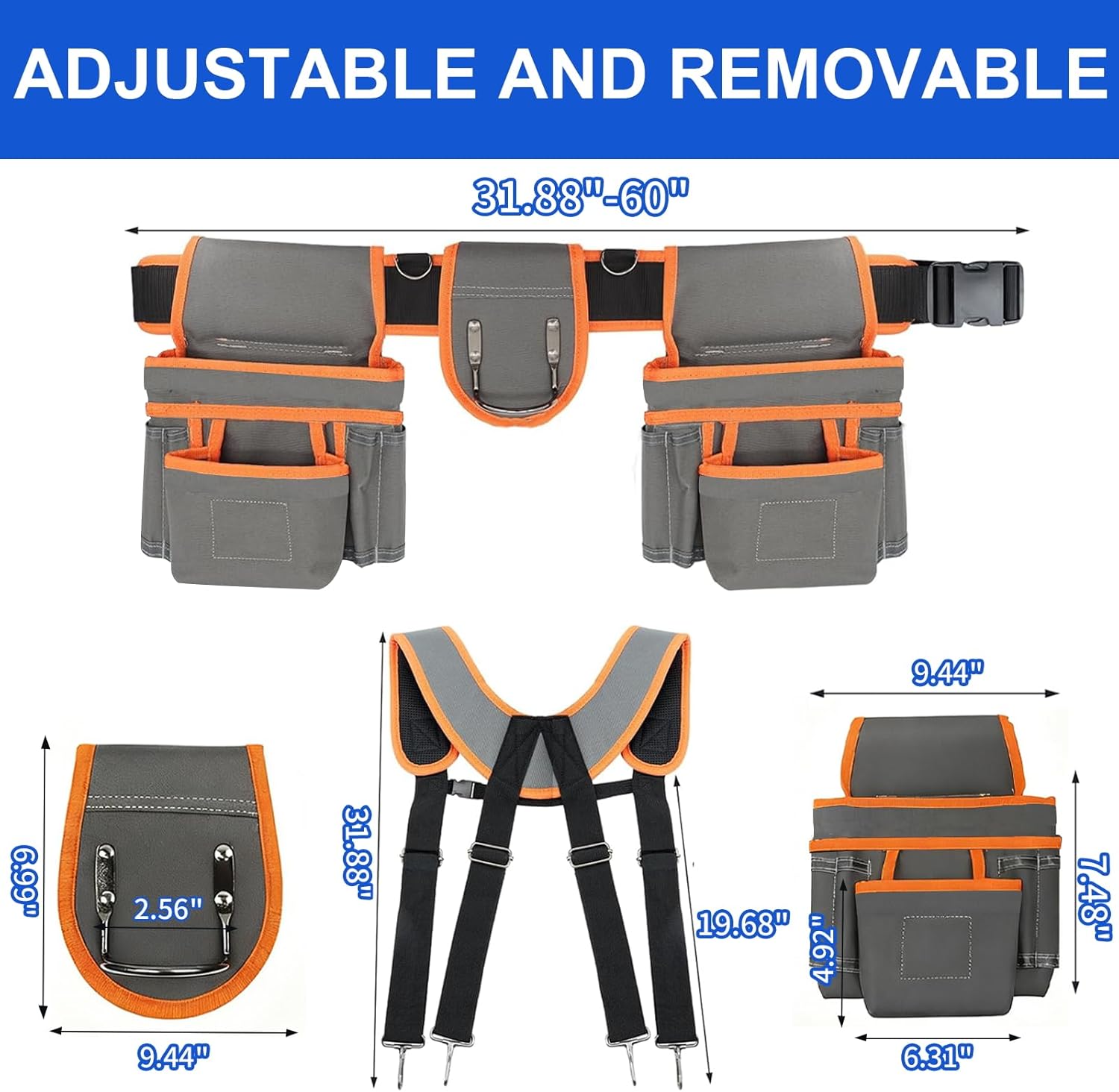 Tool Belt, Magnetic Tool Pouch With Suspenders, Professional Tool Belts for Men，32''-60'' Size 18-Pocket Adjustable Heavy Duty Tool Organizer for Electrician, Carpenter, Framer, Construction Worker