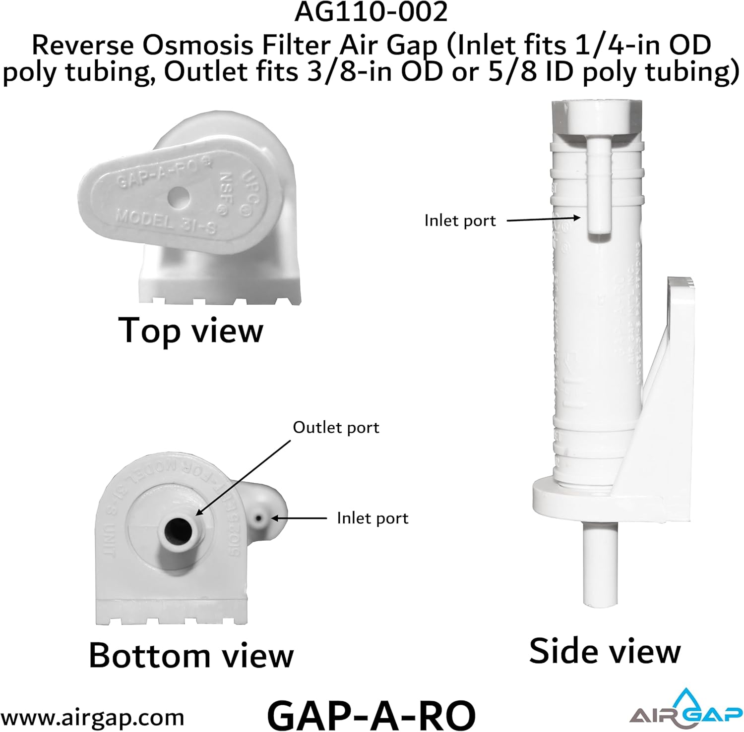 Reverse Osmosis Filter Air Gap (Inlet fits 1/4-in OD poly tubing, Outlet fits 3/8-in OD or 5/8-in ID poly tubing; AG110-002, KIT S-B, GAP-A-RO)