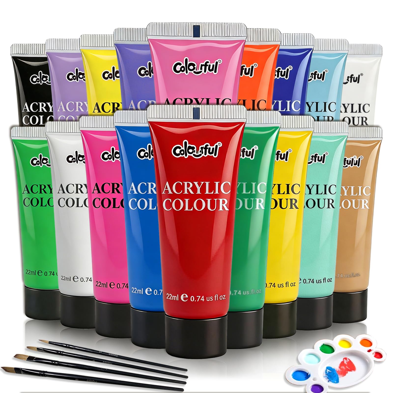 Colorful Basic Acrylic Paint Set, 18 Color 0.74oz each with brush and Palette Art Paint, Non Toxic, Highly Pigment Paints for DIY Crafts & Beginner Artists