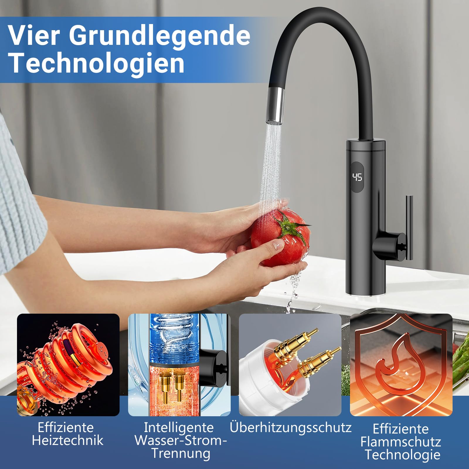 Robinet avec Chauffe-eau Instantané, 3300W Acier Inoxydable Mitigeur électrique avec Chauffe-eau Intégré avec 40cm Tuyau d'alimentation en Eau, 360° Flexible Rotatif, LED Température, Noir