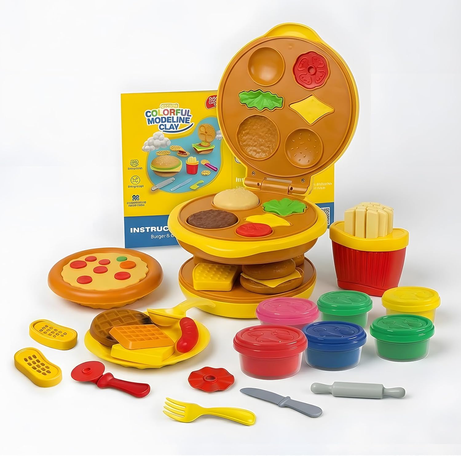 Kids Color Dough Food Play Set, Hamburger Maker & Breakfast Pretend Kitchen Tools Kit, Modeling Clay Arts and Crafts DIY Playset for Toddlers Ages 3+ Boys Girls Birthday