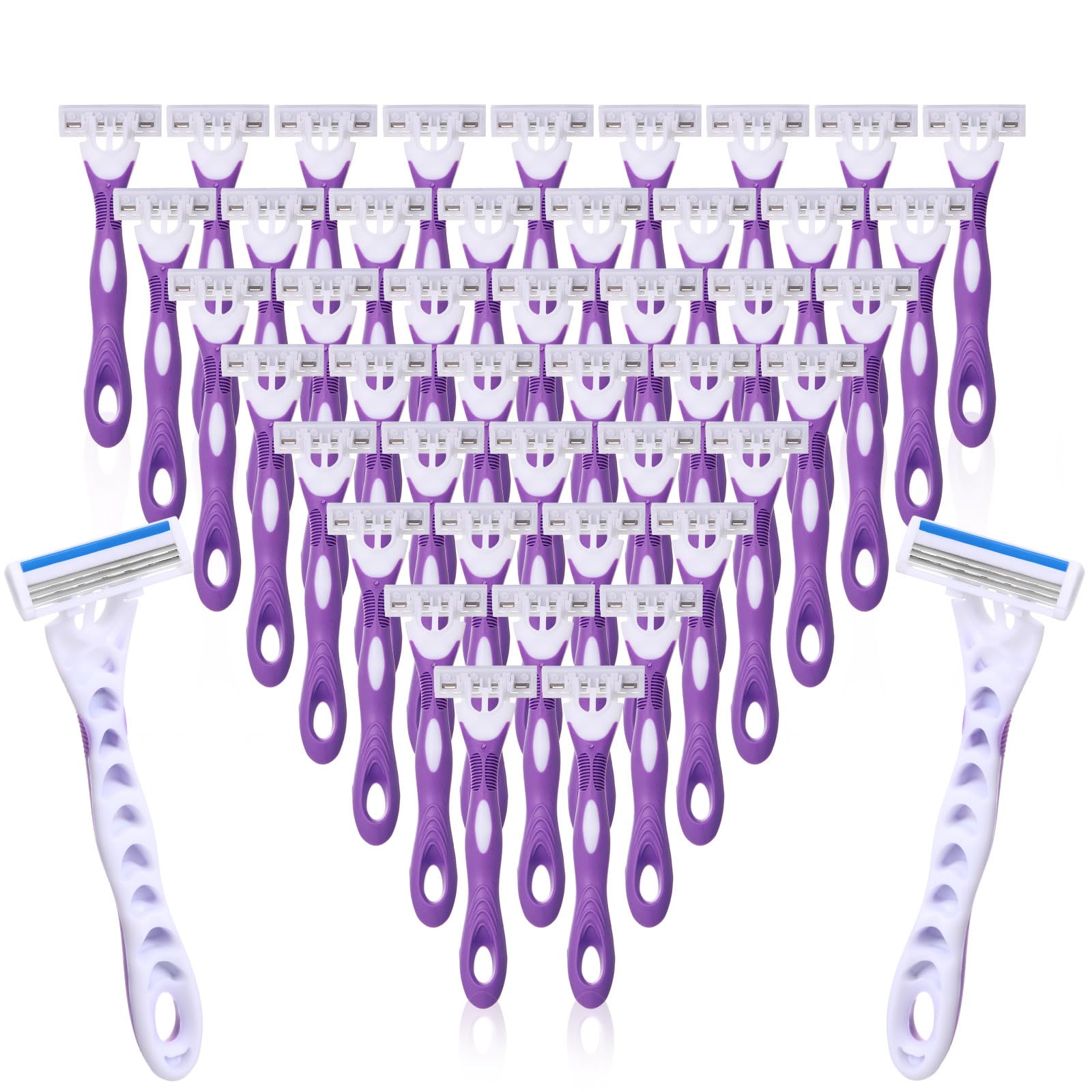 48 maquinillas de afeitar desechables para mujer, a granel, color morado, 3 cuchillas para mujer, piel sensible, línea de bikini, maquinilla de afeitar de viaje para mujeres, baño, hotel