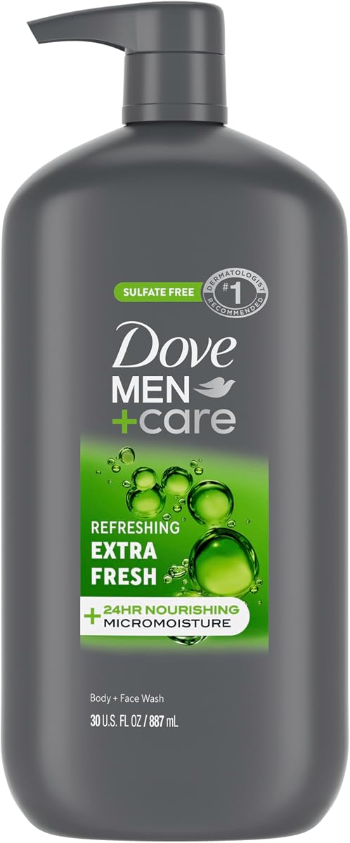 DOVE MEN + CARE Jabón corporal y facial Refrescante y extra fresco para el cuerpo de los hombres 30 oz | La tecnología de microhumedad de 24 horas ayuda a hidratar la piel mientras brinda una limpieza extra fresca.