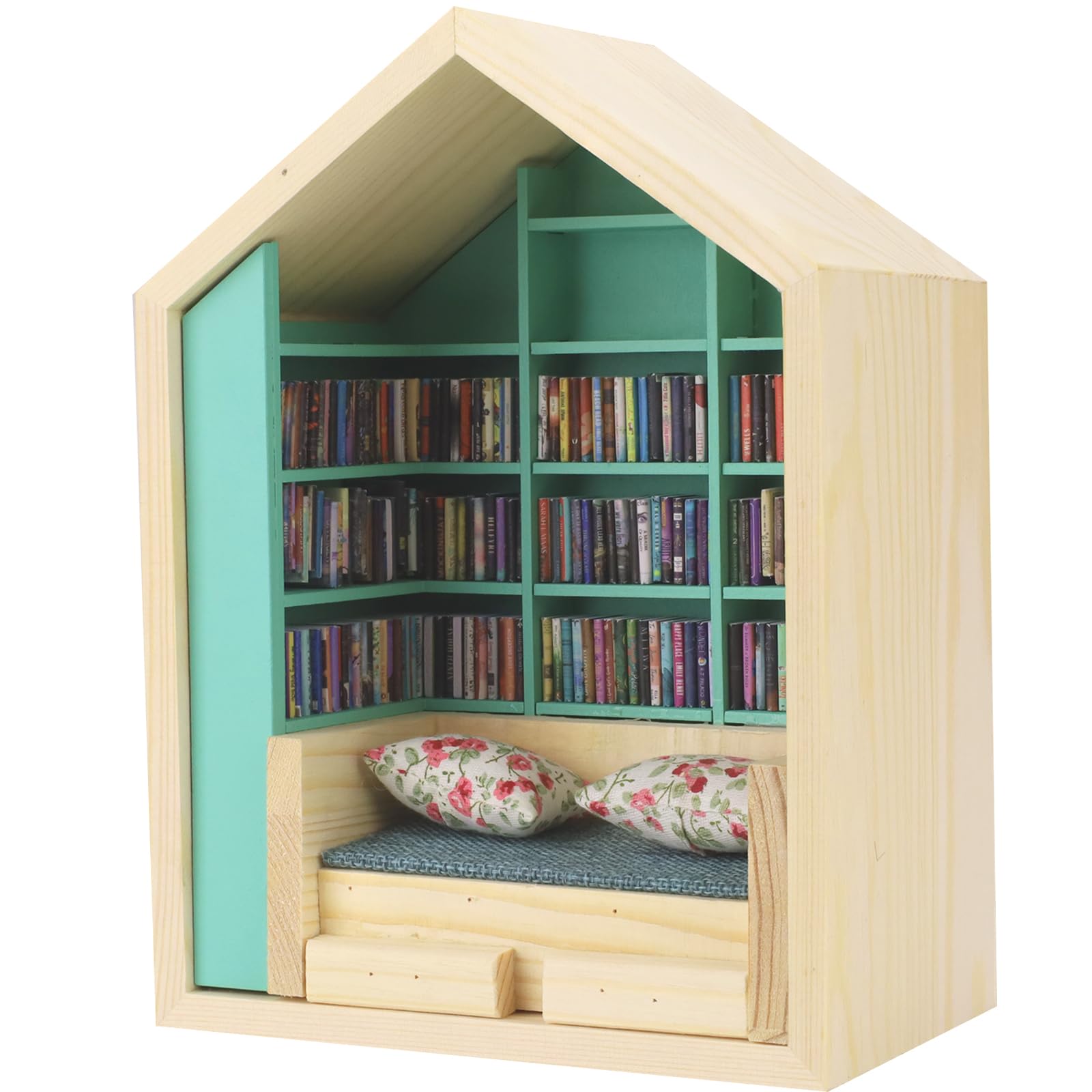Bibliothèque contre l'anxiété de salon : décor vert 400 mini livres colorés