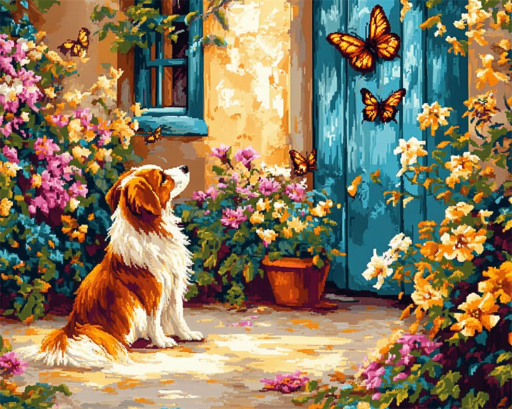 Henypt 11Ct Cross Stitch, A Dog and Butterflies in A Courtyard 11 Count Counted Stamped Pre Printed Cross Stitch Embroidery Kits for Adults Beginners Starter Advanced Easy Crossstitch Patterns Set