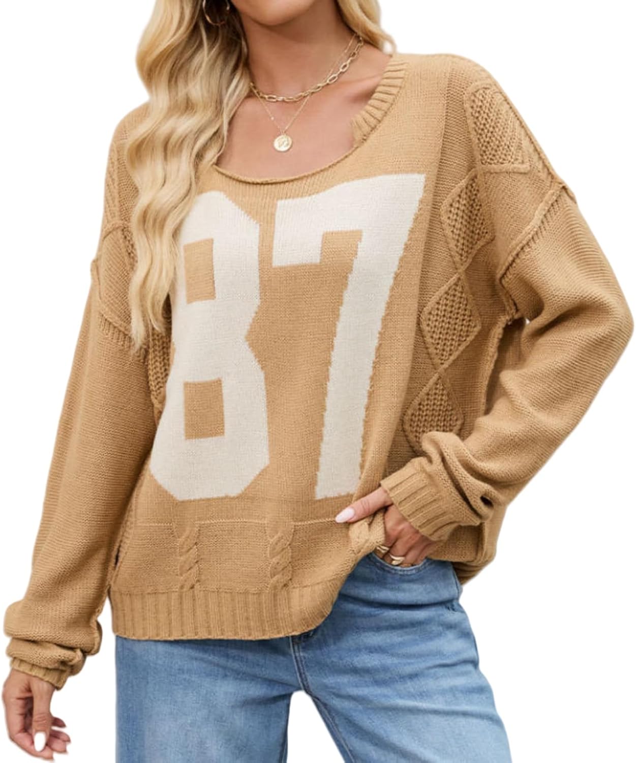 Women's Casual Knit Sweater 87 Number Long Sleeve Cable Knit Crew Neck Trendy Pullover Tops