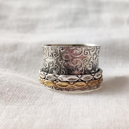 Miniatura 6 de Natural Opal Spinner Band, October Birthstone, Meditation Ring, 925 Sterling Silver Ring, Spinning Ring, Two Tone Ring, Fidget Ring, Handmade