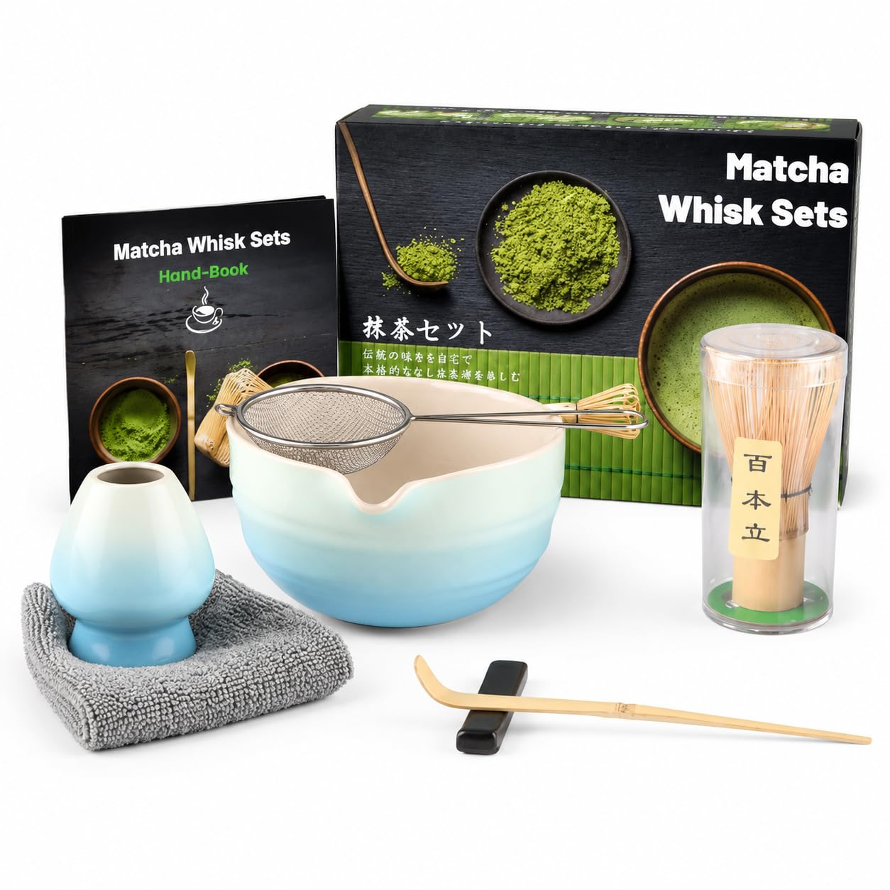 7 Piece Matcha Set, Japanese Tea Sets, with Pointed Beak Bowl, Blue Gradient Whisk, Matcha Brush, Shovel, Strainer, Shovel Rest & Absorbent Towel - Blue Gradient