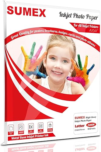 Sumex Papel fotográfico brillante de inyección de tinta de un solo lado 85 x 11 pulgadas 50 hojas de 917ozm