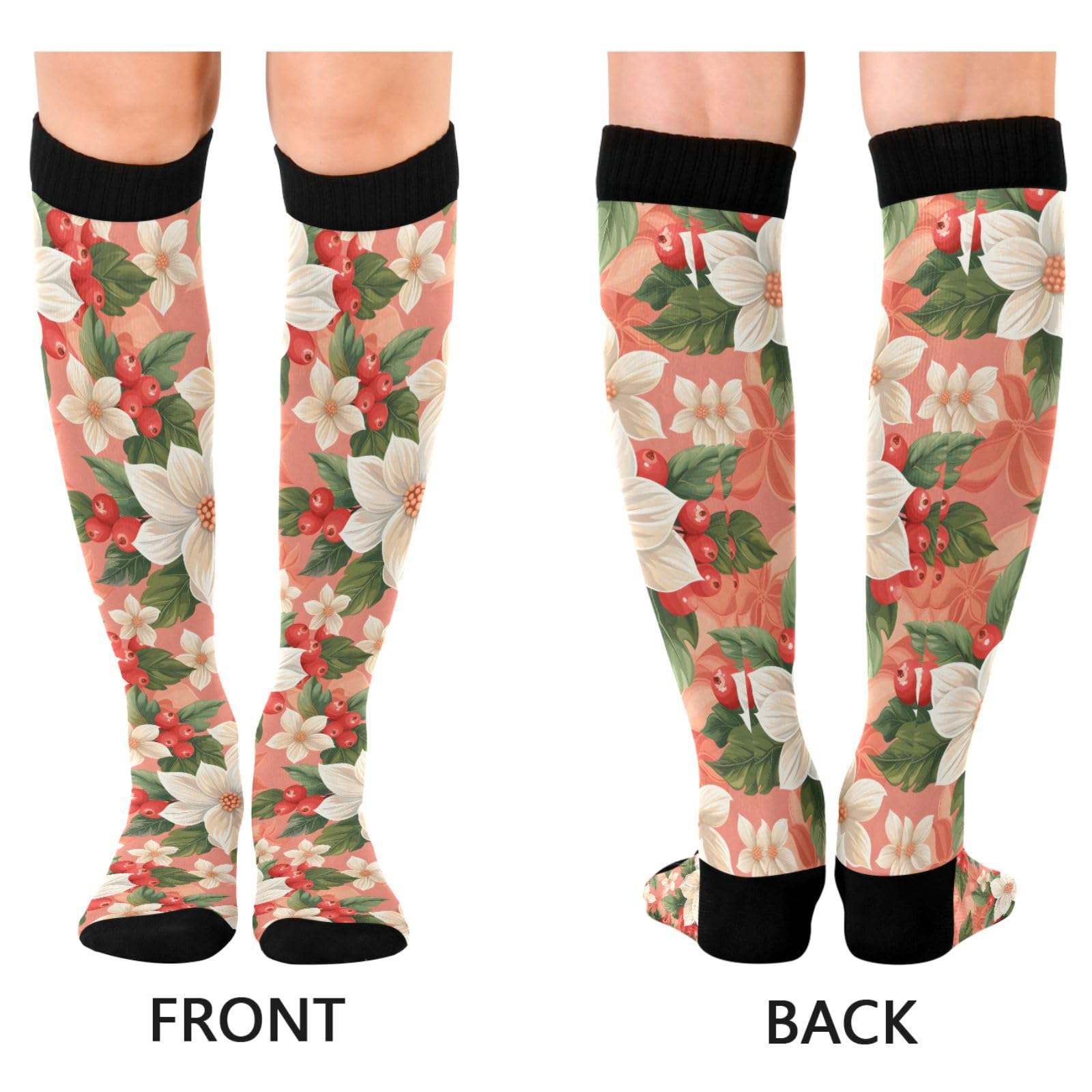 MFTJYO White Flower Green Leaves Pink Women's Compression Socks for Women Men Knee High Socks Long Circulation for Athletic Running