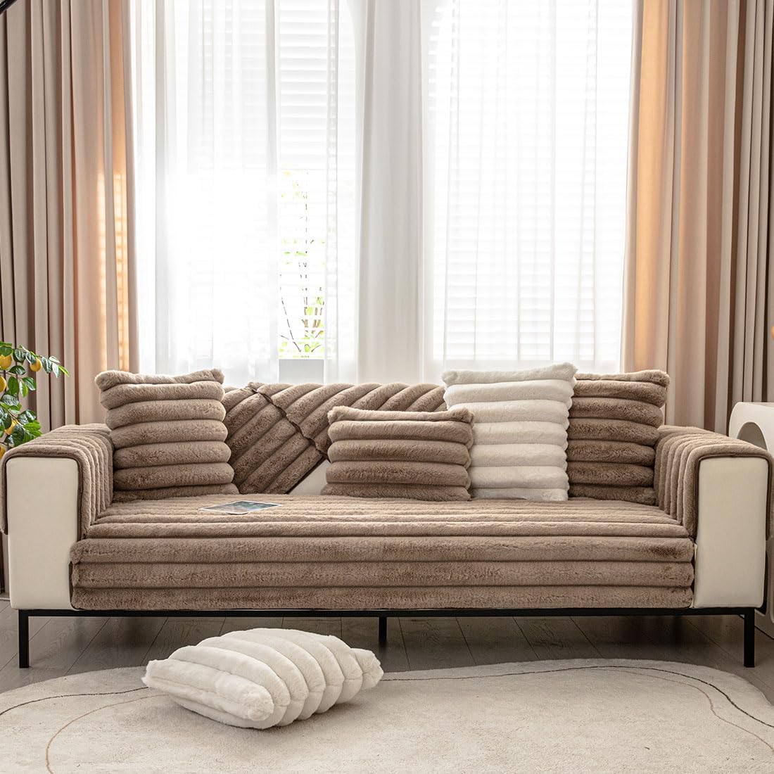 vctops 3D Striped Faux Fur Couch Cover Thick Warm Soft Sofa Cover Non Slip Fuzzy Plush Furry Sofa Slipcovers Shaggy Cozy Washable Furniture Protector for Pets, Kids (Dark Coffee,43"x94")
