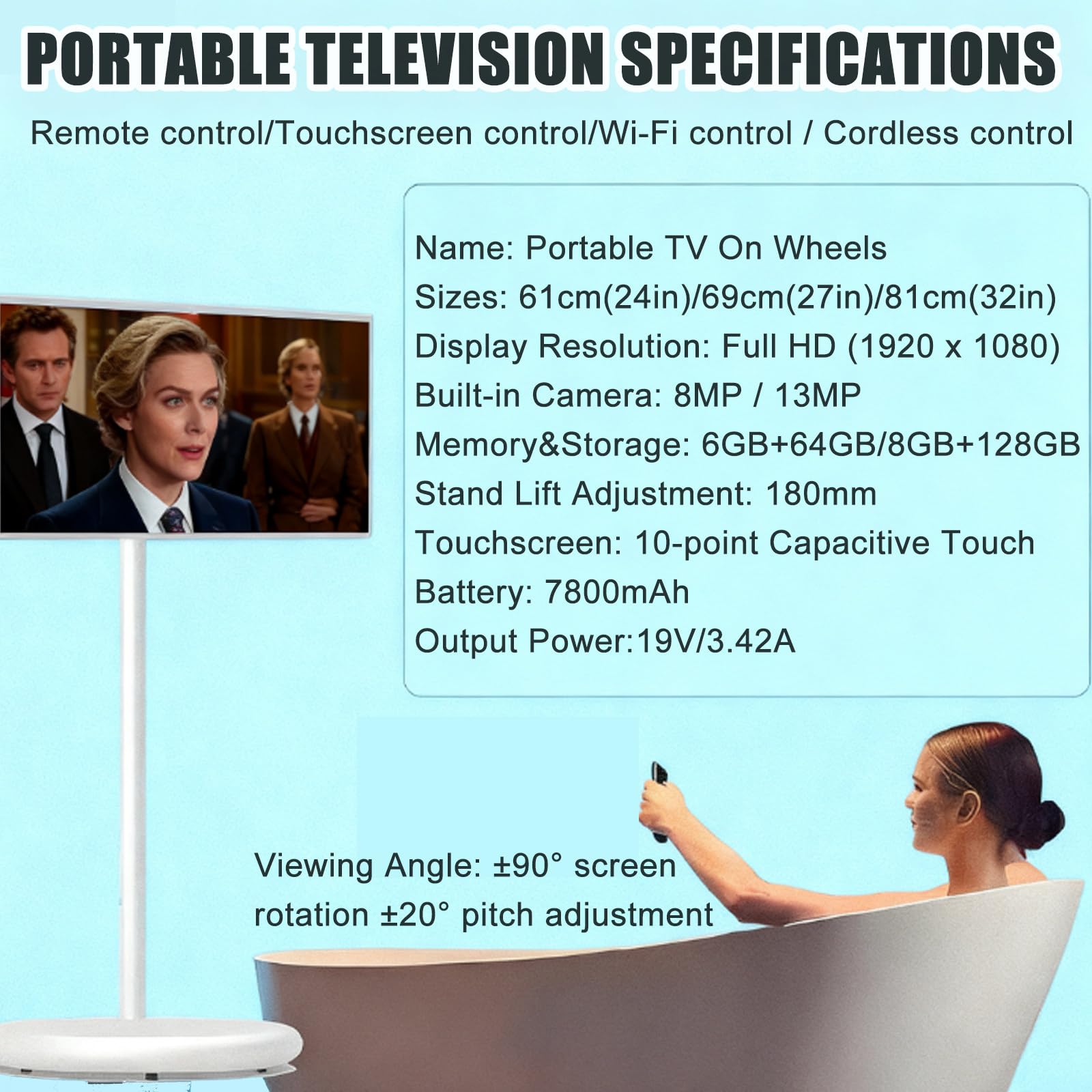 Nowy przenośny Smart TV: monitor z ekranem dotykowym 1080p na kółkach z pilotem, ekran mobilny, bateria 7800 Mah, obrotowy monitor do użytku komercyjnego/domowego 32w6+64g