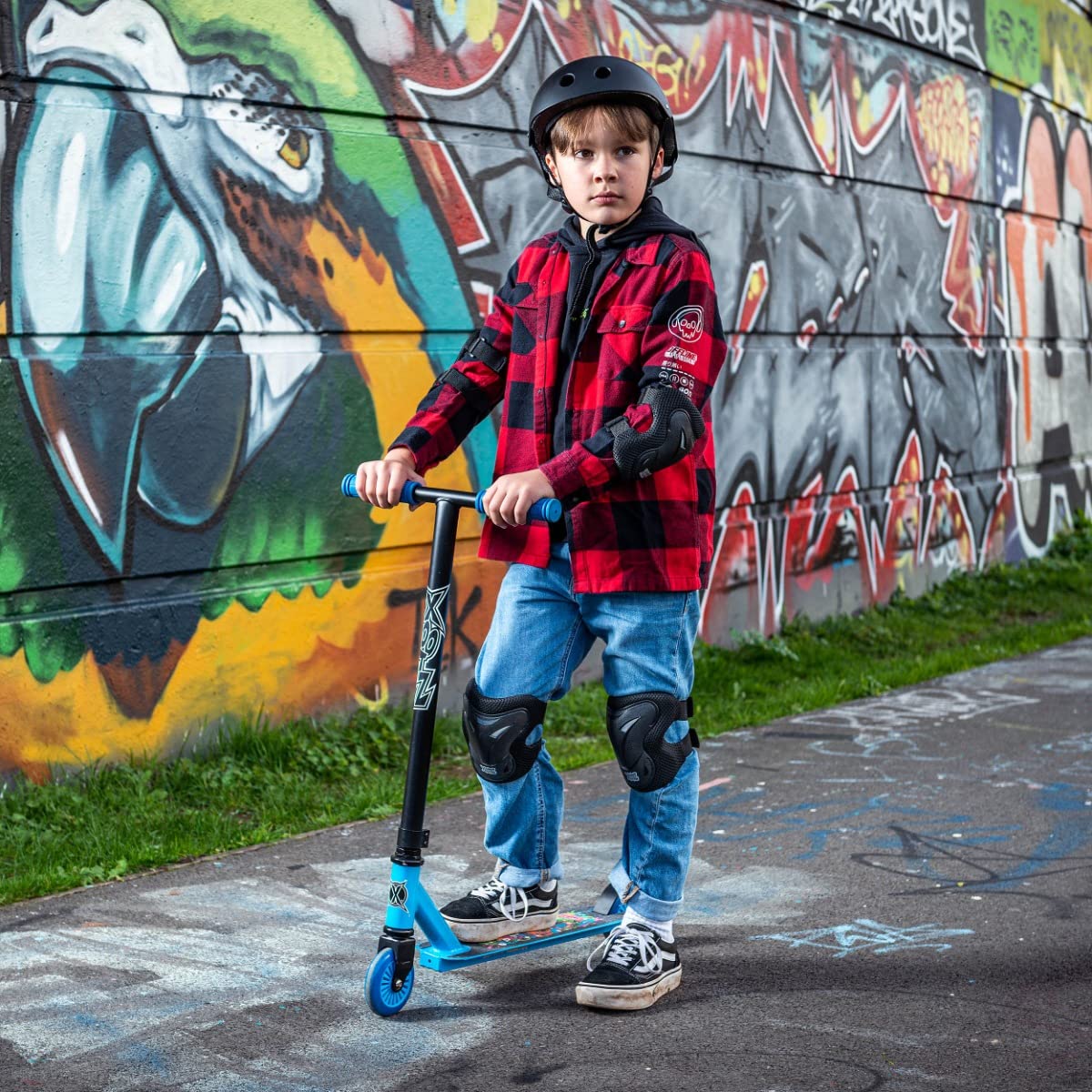 Xootz Monster Mash Up hulajnoga dla dzieci, chłopcy i dziewczęta hulajnoga, poziom wejściowy, dla początkujących T-Bar Stunt Scooter, stylowa taśma do chwytania, w wieku 5 +, niebieska
