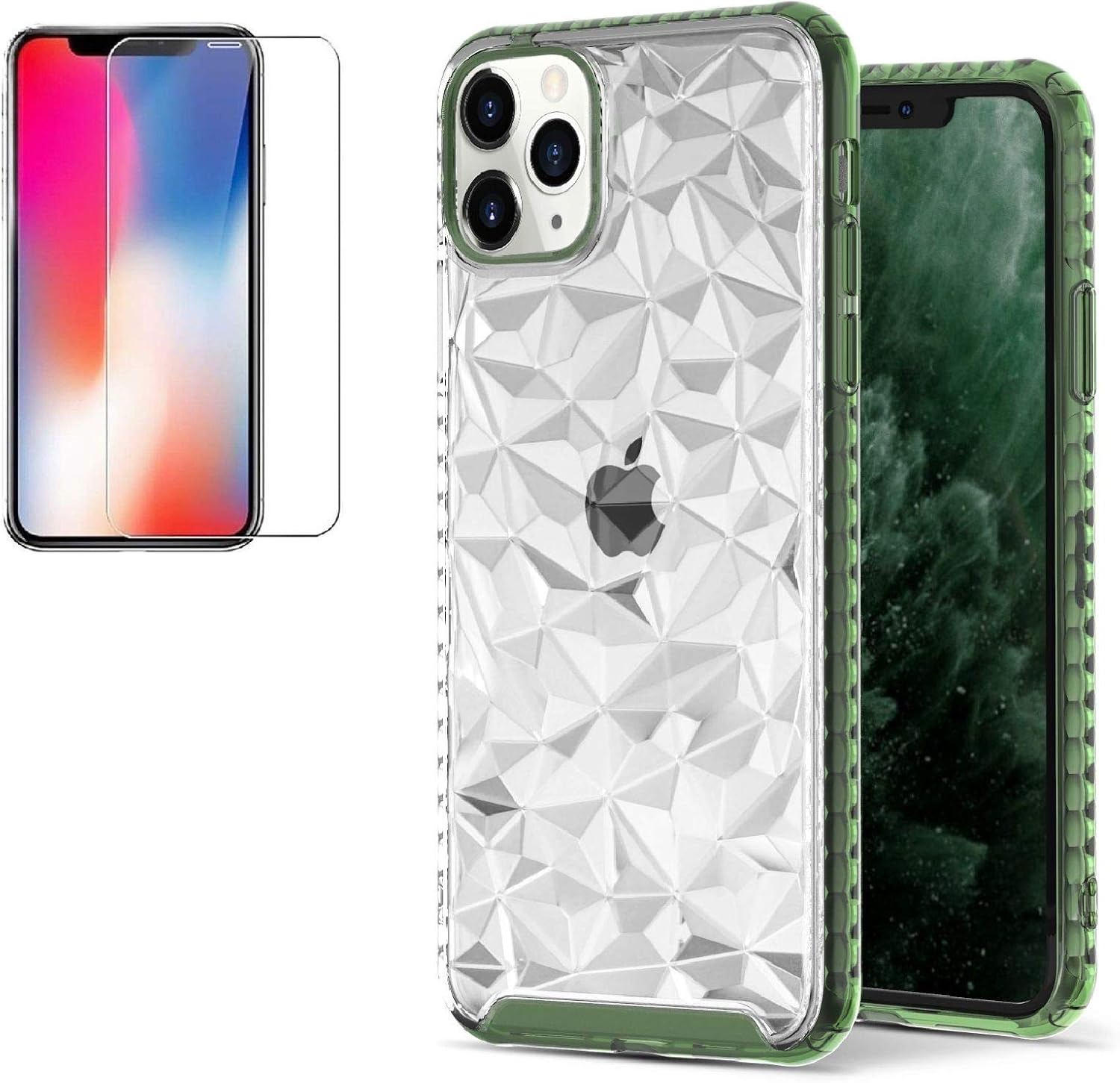 ❤ Crаzу Dеаlѕ Luxx iPhone 11 Pro Max Case with Tempered Glass Screen Protector Clear Case 3D Diamond Geometric Protective Bumper Case (Green)