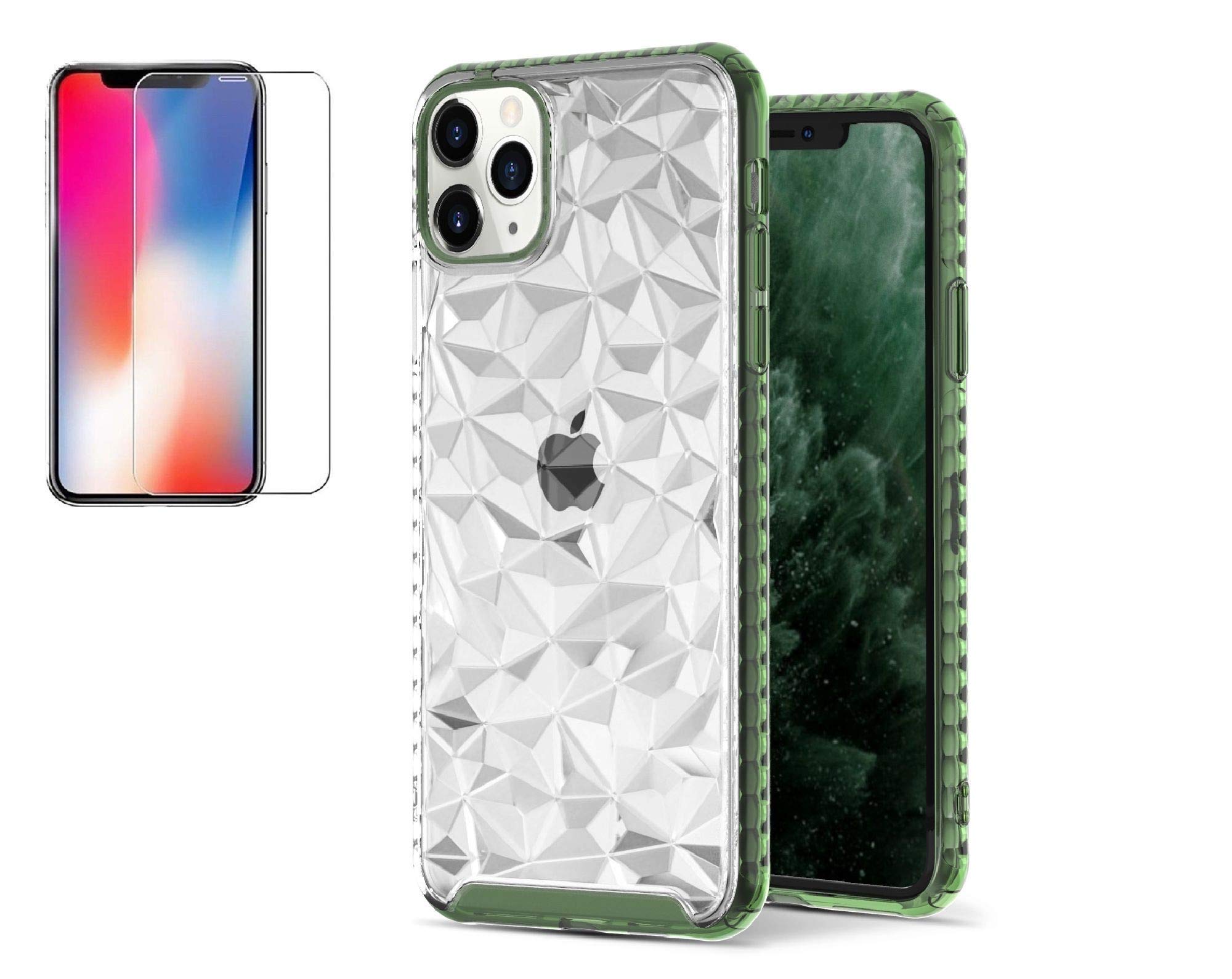 Luxx iPhone 11 Pro Max (6.5") Case 3D Diamond Geometric Design PC + TPU Bumper Case with 9H Tempered Glass Screen Protector Green