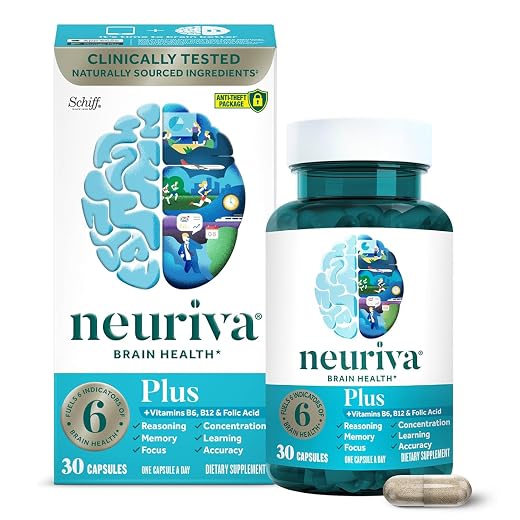NEURIVA Plus Brain Supplements for Memory and Focus, Clinically Tested Nootropics Neurofactor and Phosphatidylserine, with Vitamin B12, Vitamin B6 and Folic Acid, 30 Count Capsules