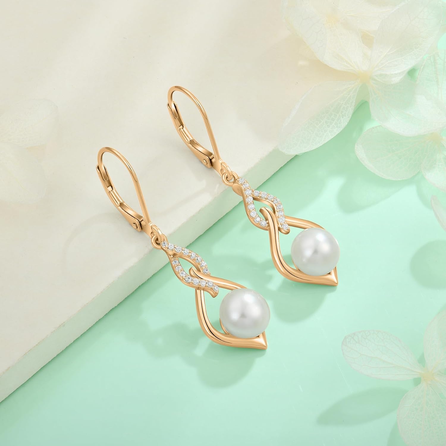 Starchenie Infinity Pearl Dangle Drop Earrings 925 Sterling Silver Rose Gold/18k Gold Plated Leverback Earrings Jewelry Gift for Women - Image 4