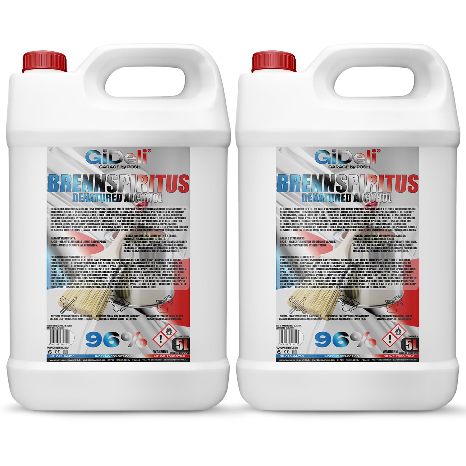 GiDeli Alcool combustible incolore 2 x 5 l – Alcool polyvalent pour la maison, l'atelier et le jardin – pour nettoyer, dégraisser et allumer – Sans résidus et économique