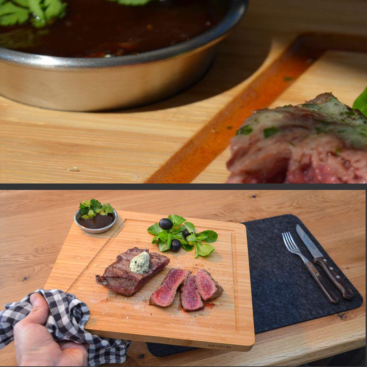 DuneDesign Lot de 4 - Planche de Service Bambou et Bol à Sauce - 30x25cm Assiette à Steak en Bois