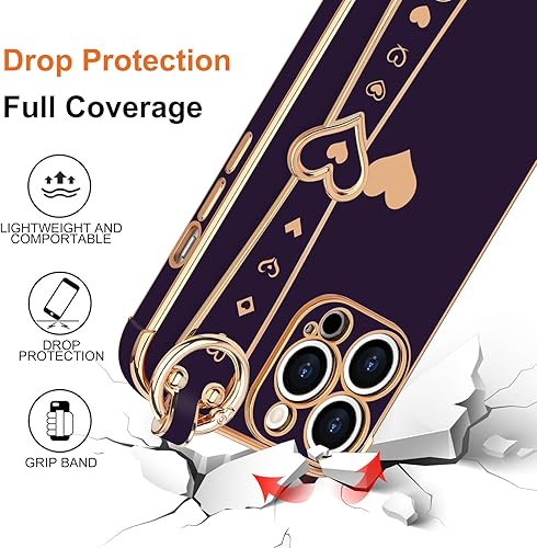 Miniatura 10 de Funda para iPhone 13 Pro con correa chapada en forma de corazón para mujeres y niñas, protector de lente de cámara de silicona suave, a prueba de