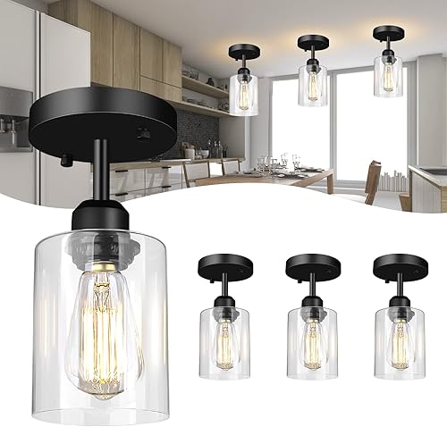Miniatura 1 de Sheetea - Paquete de 3 luces de techo semiempotradas, modernas lámparas de techo con pantallas de vidrio transparente, iluminación industrial negra
