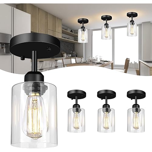 Sheetea 3-Pack Semi Flush Mount Ceiling Lights, Modern Close to Ceiling Light Fixtures with Clear Glass Shades, Black Industrial Lighting Ceiling Mount for Hallway Entryway Kitchen Bedroom Foyer