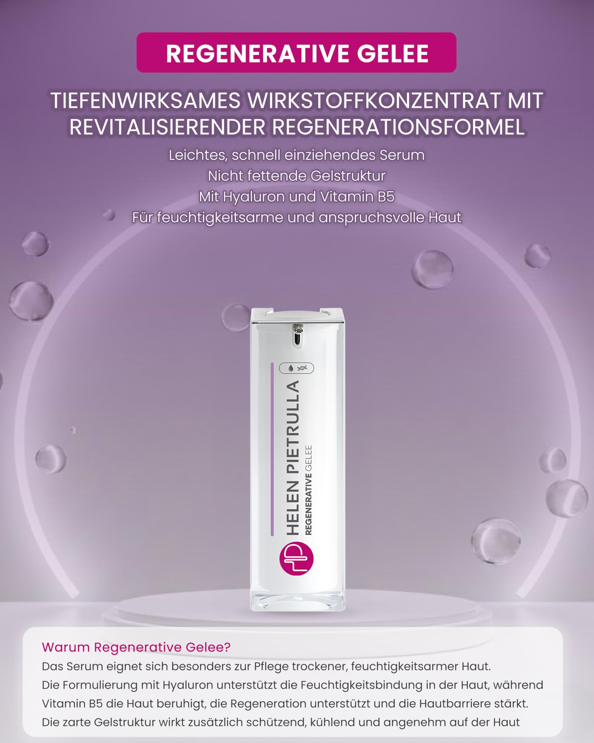 Helen Pietrulla Hyaluron Gesichtsserum - Feuchtigkeitsserum mit Hyaluronsäure & Provitamin B5 - Anti-Aging für trockene Haut - Fältchen aufpolstern & Hautregeneration | Regenerative Gelee - 30 ml