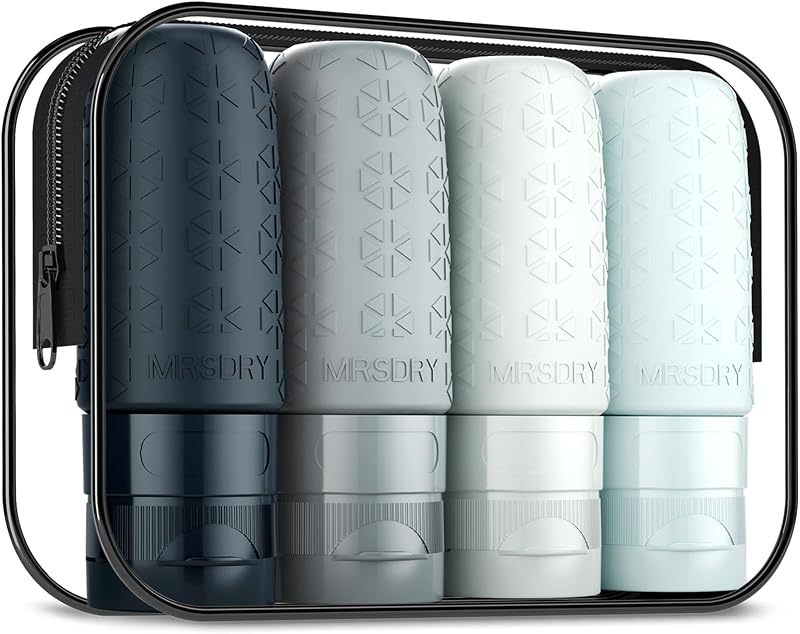 Mrsdry Frascos de Silicone Recarregáveis para Viagem, 60 mL, Cinza, Pacote com 4 e bolsa com zíper