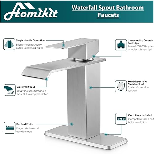 Miniatura 5 de Homikit Grifo de fregadero de baño de níquel cepillado, grifo de baño en cascada con drenaje desplegable, grifo de una sola manija para lavabo de