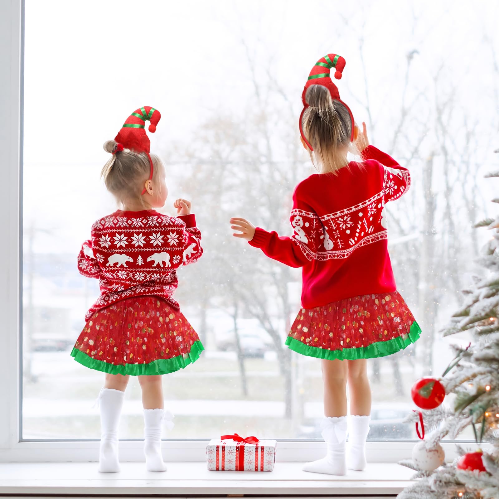 HONMOK 2 Piece Girls Elf Christmas Costume, Xmas Elf Outfit with Elf Hat Headband & Red Green Tutu Dress - Image 2