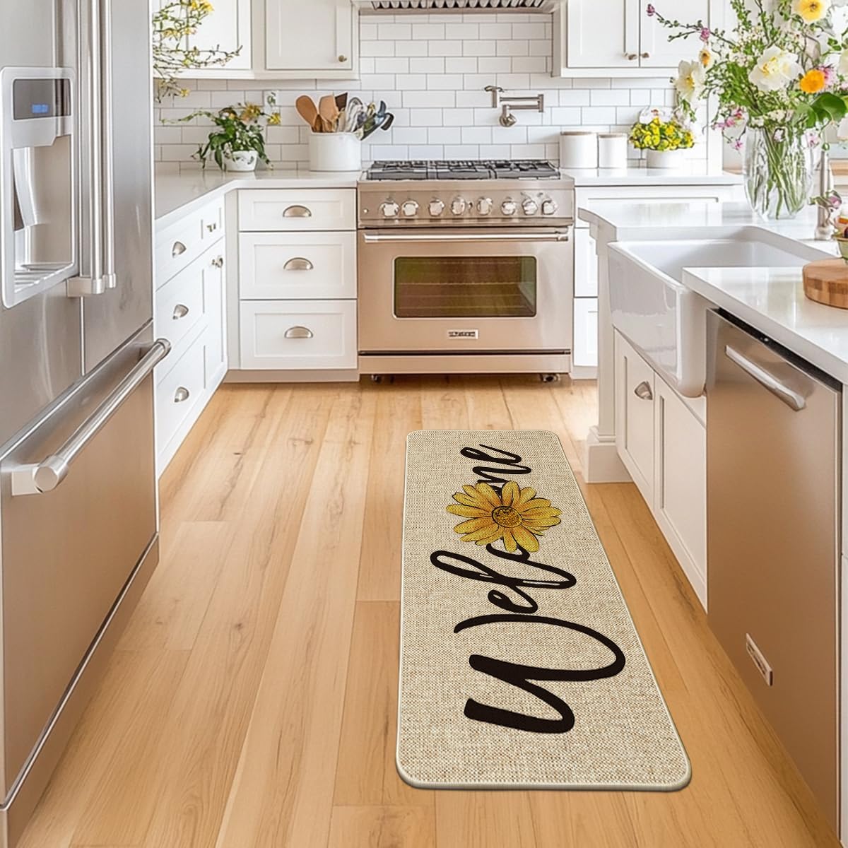 Artoid Mode Sunflower Welcome Spring Doormat, Summer Home Decor Low-Profile Switch Rug Door Mat Floor Mat for Indoor Outdoor 24x59 Inch