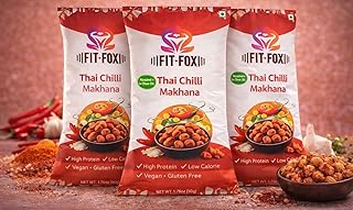 FIT FOX Thai Chilli Makhana, Pack of 3 Roasted Lotus Seeds Superfood Snack, 50g, High Protein Low Fat, Ready to Eat. Roasted in Olive oil Makhana Gluten Free Flavored Puffs Fox Nut Water Lily Pops Popped Lotus Seed Pack of 3pk 50g each. Healthy & Light Snacks.Healthy for kids vegan school lunch snack for lunch box , crunchy for work, On the go,munching snacks, Movie time, Picnic, Clean Ingredients Plant based & made with natural ingredients. Perfect For Kids Great for lunchboxes and school breaksnack, Guilt Free Snacking Low calorie, Weightloss Anytime Munchie, Perfect for work, travel, or gym, Flavour Variety Available in 12 delicious flavors.