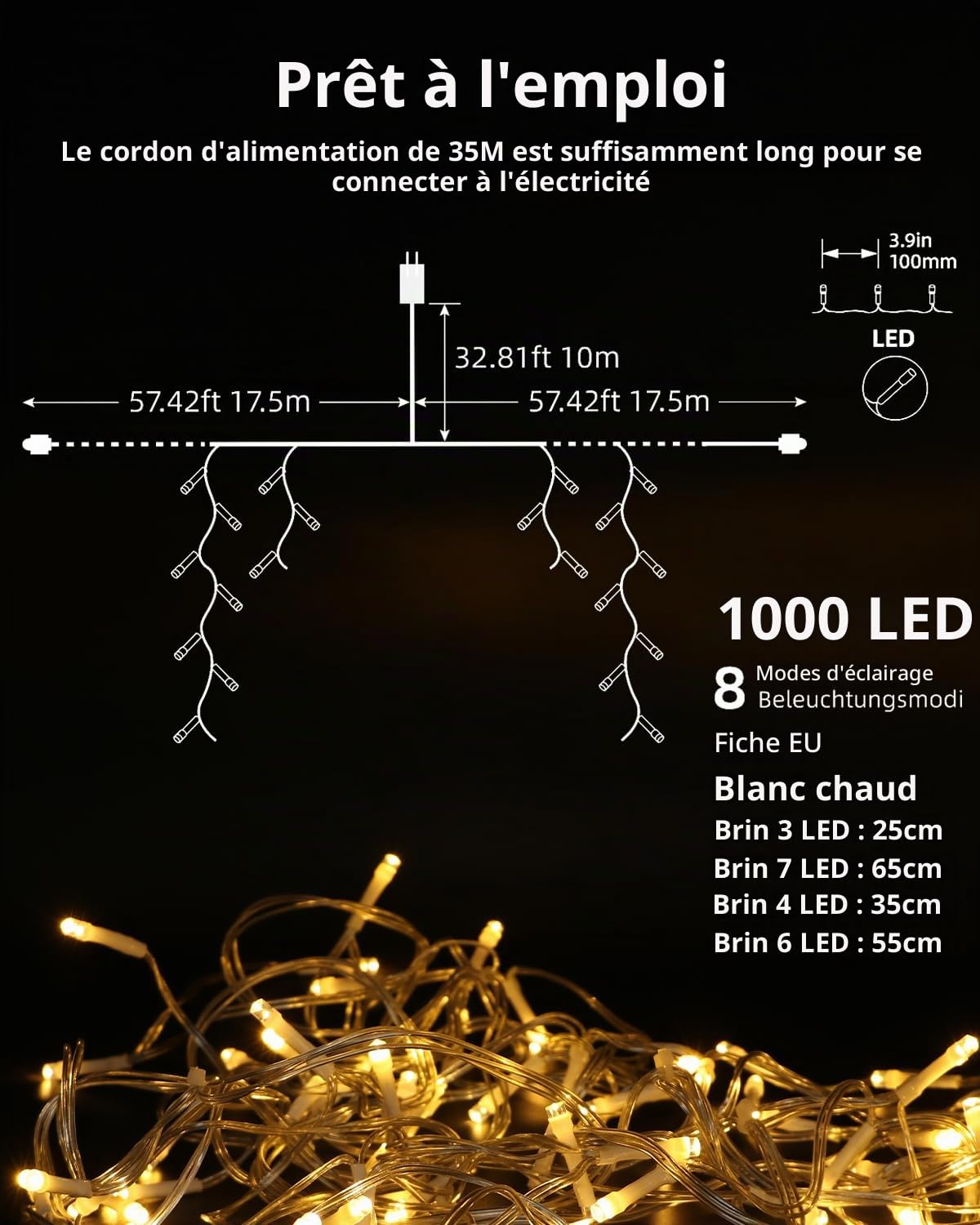LEDYA Guirlande Lumineuse Exterieure, 30M 1000led Guirlande Lumineuse Sapin de Noel, Etanche à l'eau/8 Modes/Minuterie, Guirlande Lumineuse Chambre Exterieure Noel Rideau