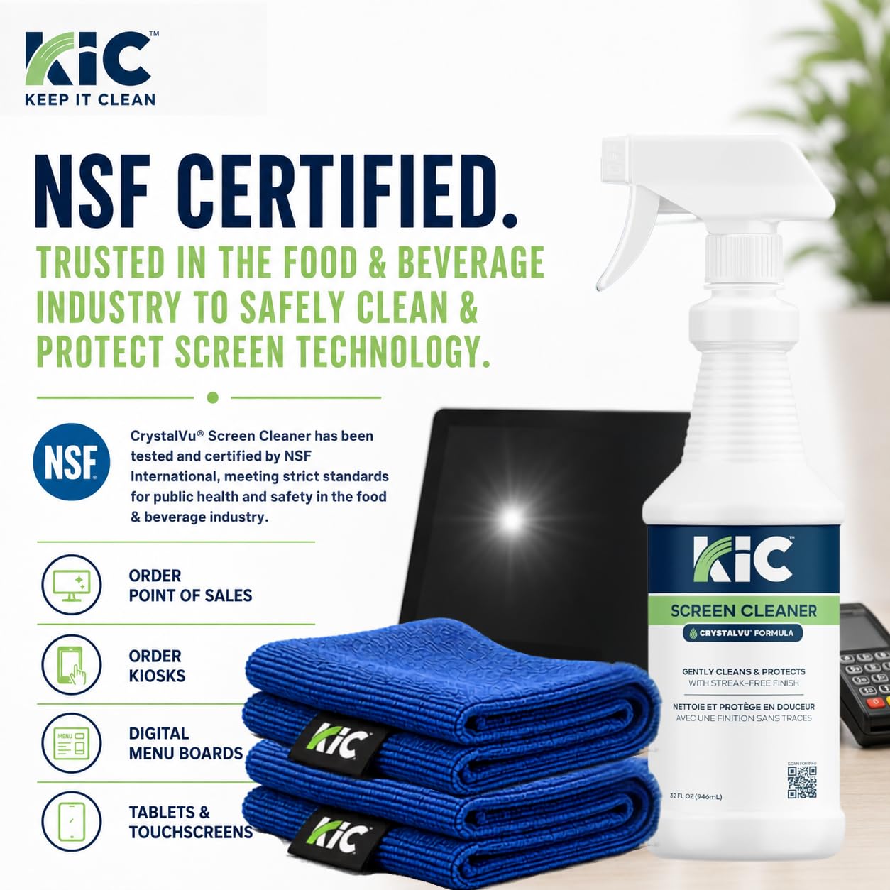 KICTeam Waffletechnology CrystalVu - Kit de limpiador de pantalla táctil, botella de spray de 32 onzas con 2 toallitas de microfibra para limpiar monitores y pantallas de computadora