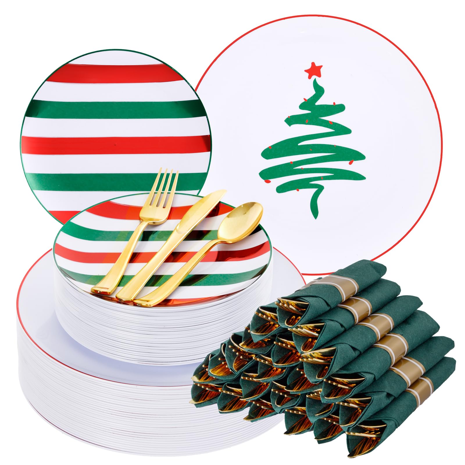 WONDERFUL 180Pcs Easy Prep Christmas Plastic Plates For Dinner Tree Design