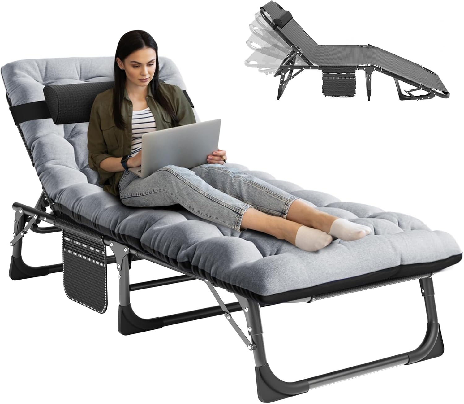 NAIZEA Folding Camping Cot W/Mat for Adults, Adjustable Lounge Chair Outdoor, Heavy Duty Sleeping Cot Bed, Travel Camp Cots for Pool, Beach, Patio Sunbathing